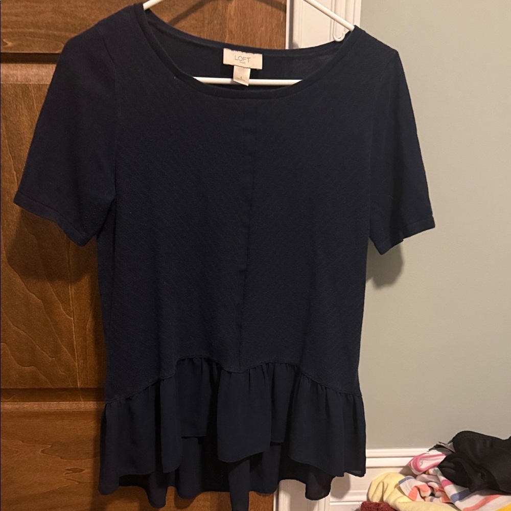 LOFT Dark Blue Ruffle Hem Blouse